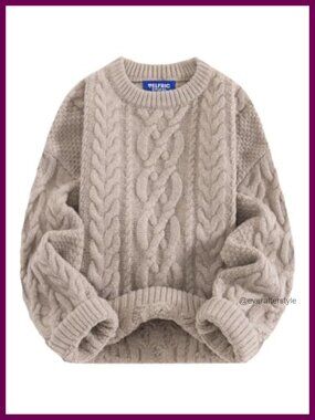 Oversized Chunky Cable Knit Crew Neck Pullover Sweater for Women